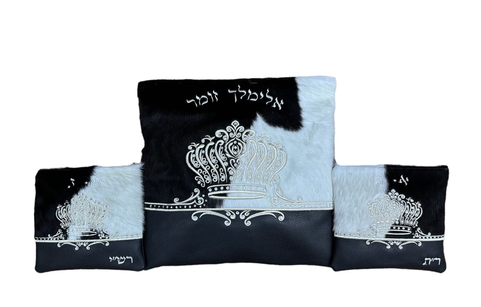 Crown Black Fur Leather Tallit & Tefillin Bag Set F61, photo 1