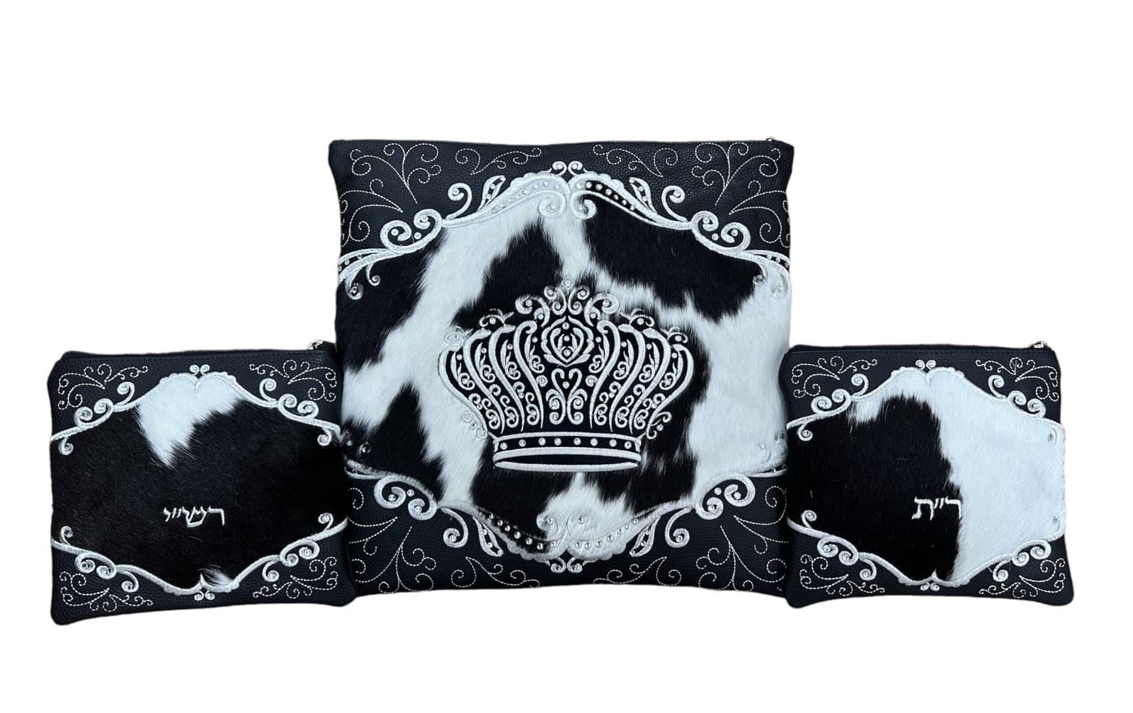 Crown Black Hair-on-Hide Leather Tallit & Tefillin Bag Set F66, photo 1
