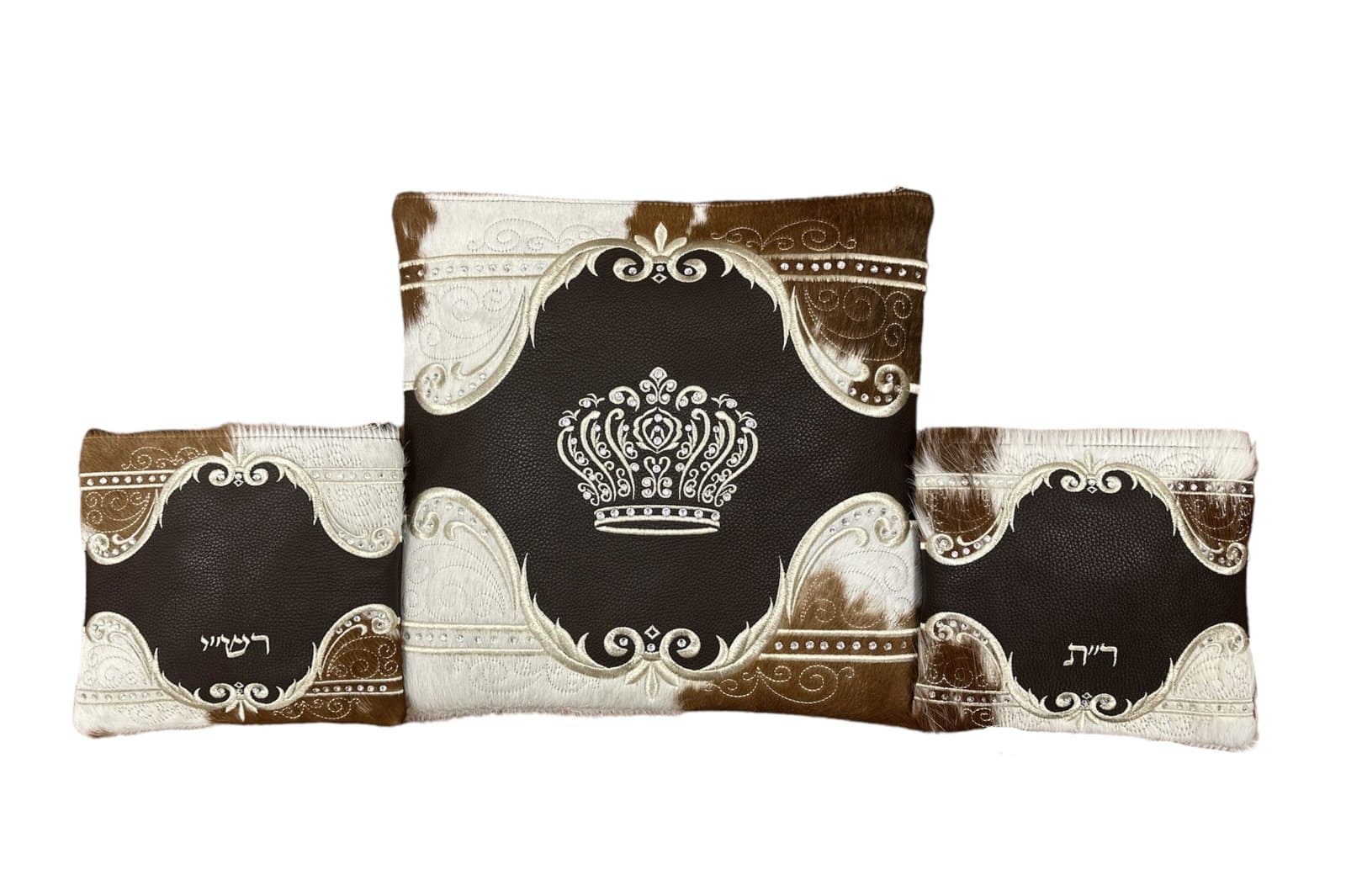 Crown Brown Fur Leather Tallit & Tefillin Bag Set F69, photo 1