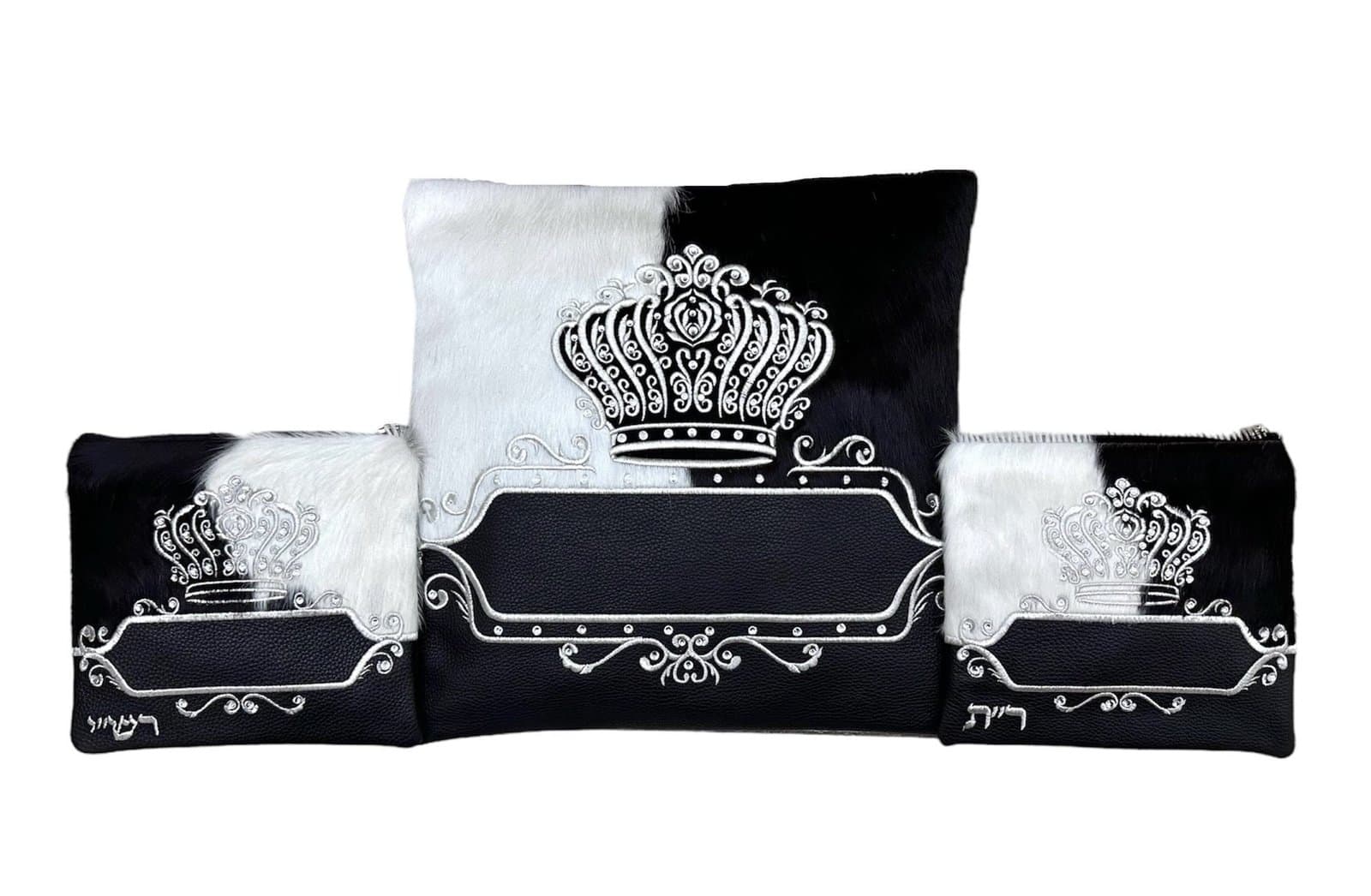 Crown Black Fur Leather Tallit & Tefillin Bag Set F72, photo 1
