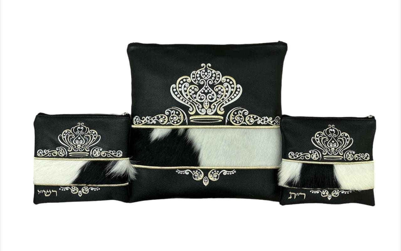 Crown Black Grained Leather Tallit & Tefillin Bag Set F73, photo 1
