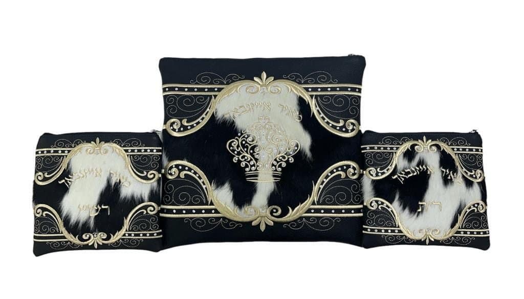Crown Black Grained Leather Tallit & Tefillin Bag Set F74, photo 1