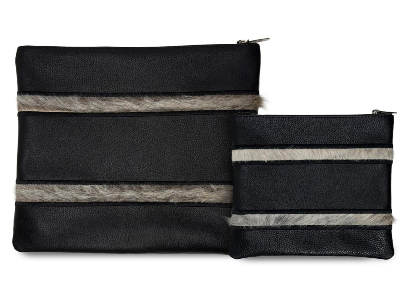 Fur Black Grained Leather Tallit & Tefillin Bag Set E83, photo 1