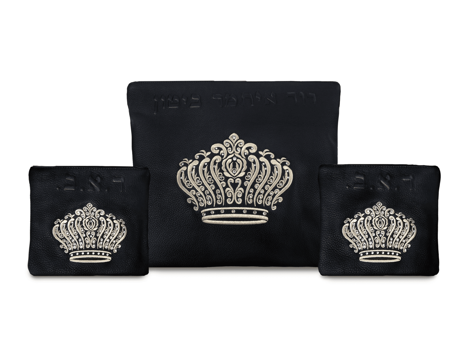 Crown Black Grained Leather Tallit & Tefillin Bag Set F86, photo 1
