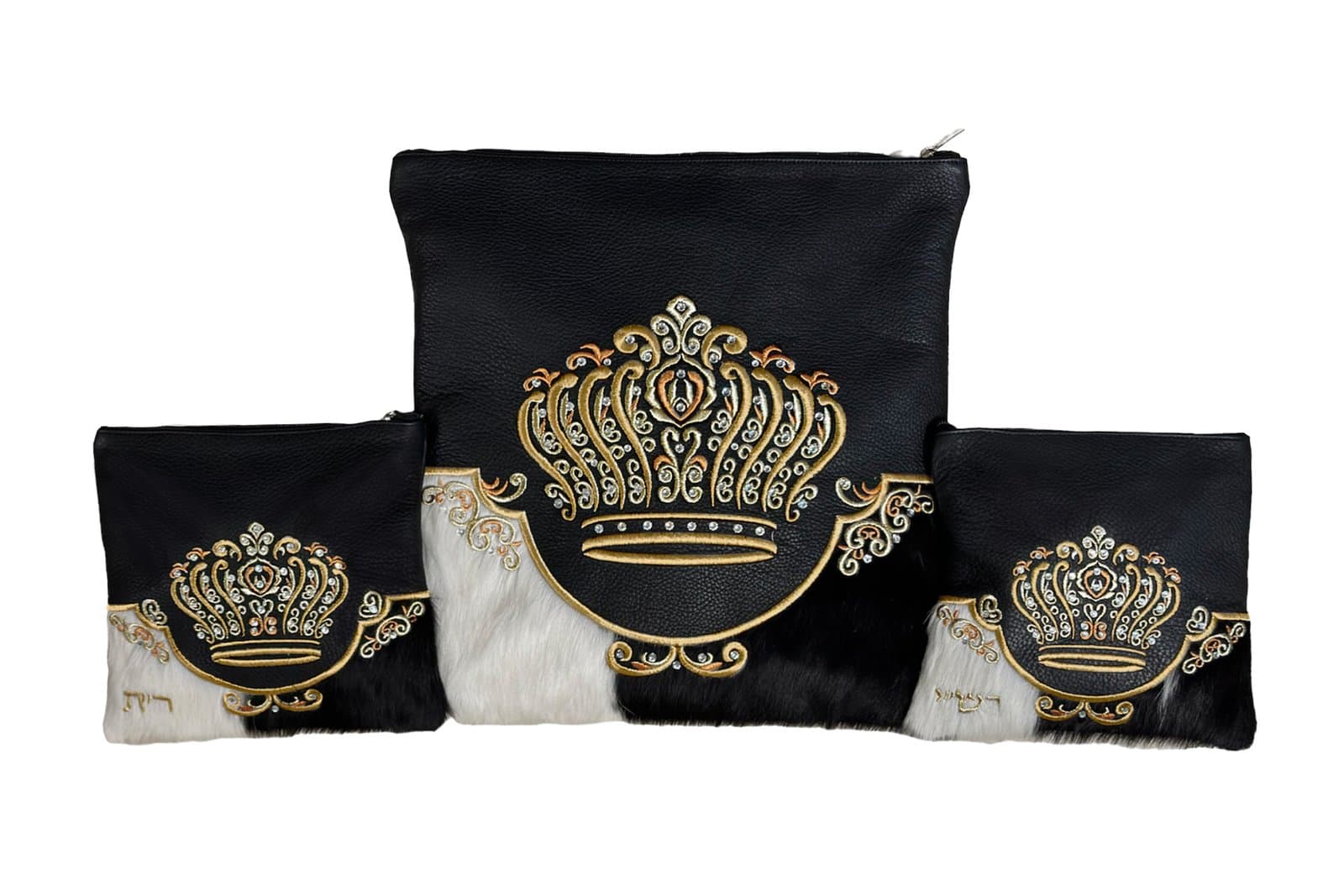 Crown Black Fur Leather Tallit & Tefillin Bag Set F90, photo 1