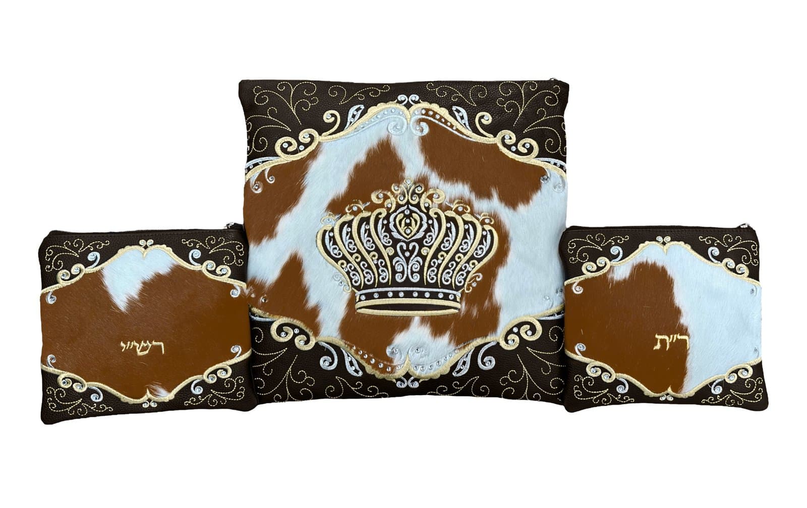 Crown Brown Hair-on-Hide Leather Tallit & Tefillin Bag Set F92, photo 1