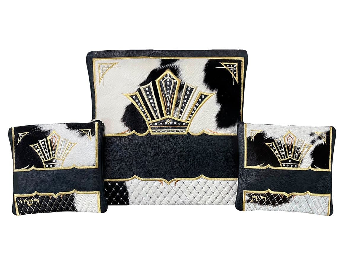 Crown Black Grained Leather Tallit & Tefillin Bag Set F95, photo 1