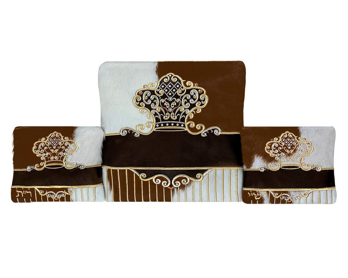 Crown Brown Hair-on-Hide Leather Tallit & Tefillin Bag Set F96, photo 1