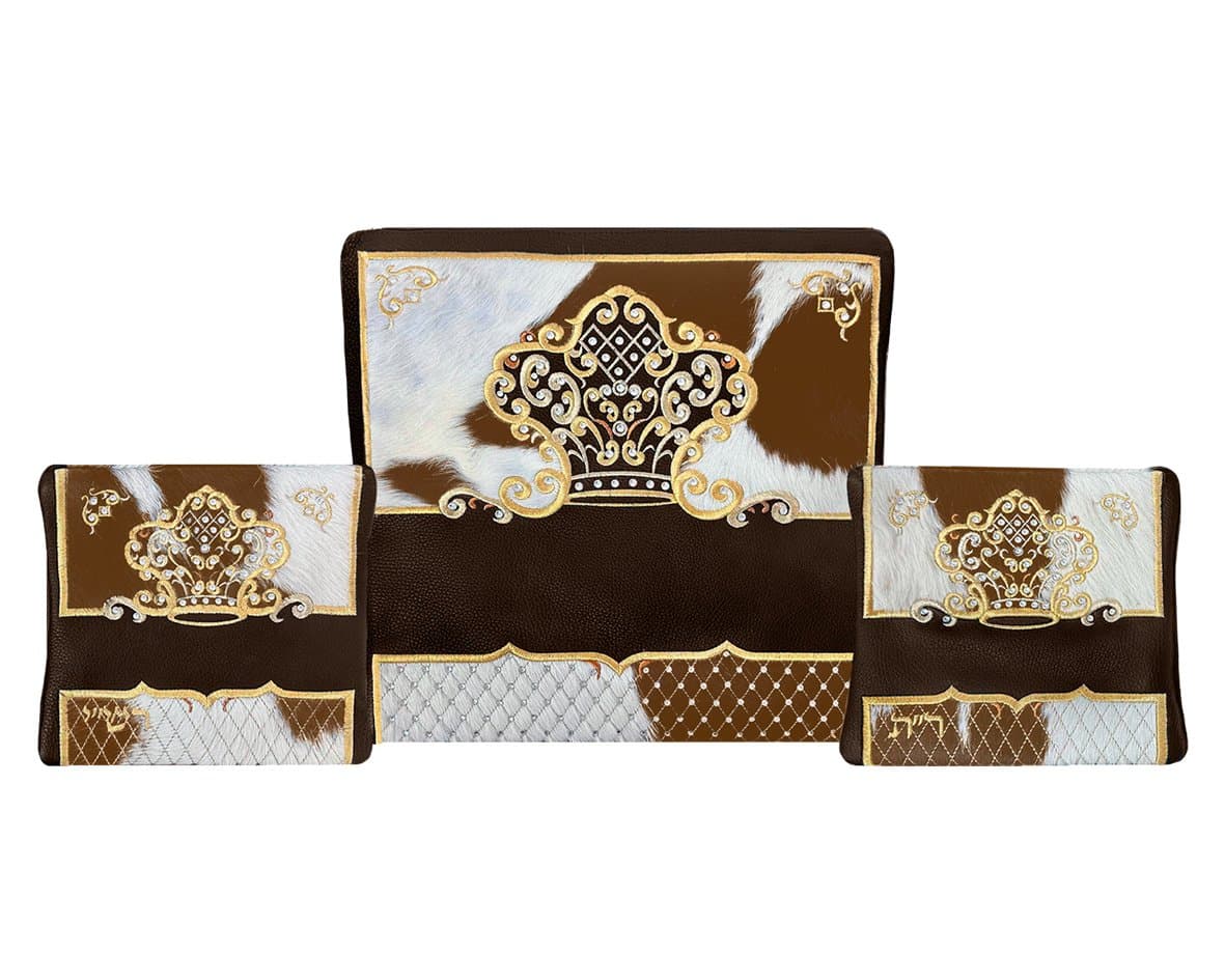 Crown Brown Hair-on-Hide Leather Tallit & Tefillin Bag Set F97, photo 1