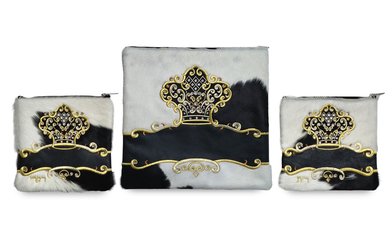 Crown Black White Hair-on-Hide Leather Tallit & Tefillin Bag Set F122, photo 1