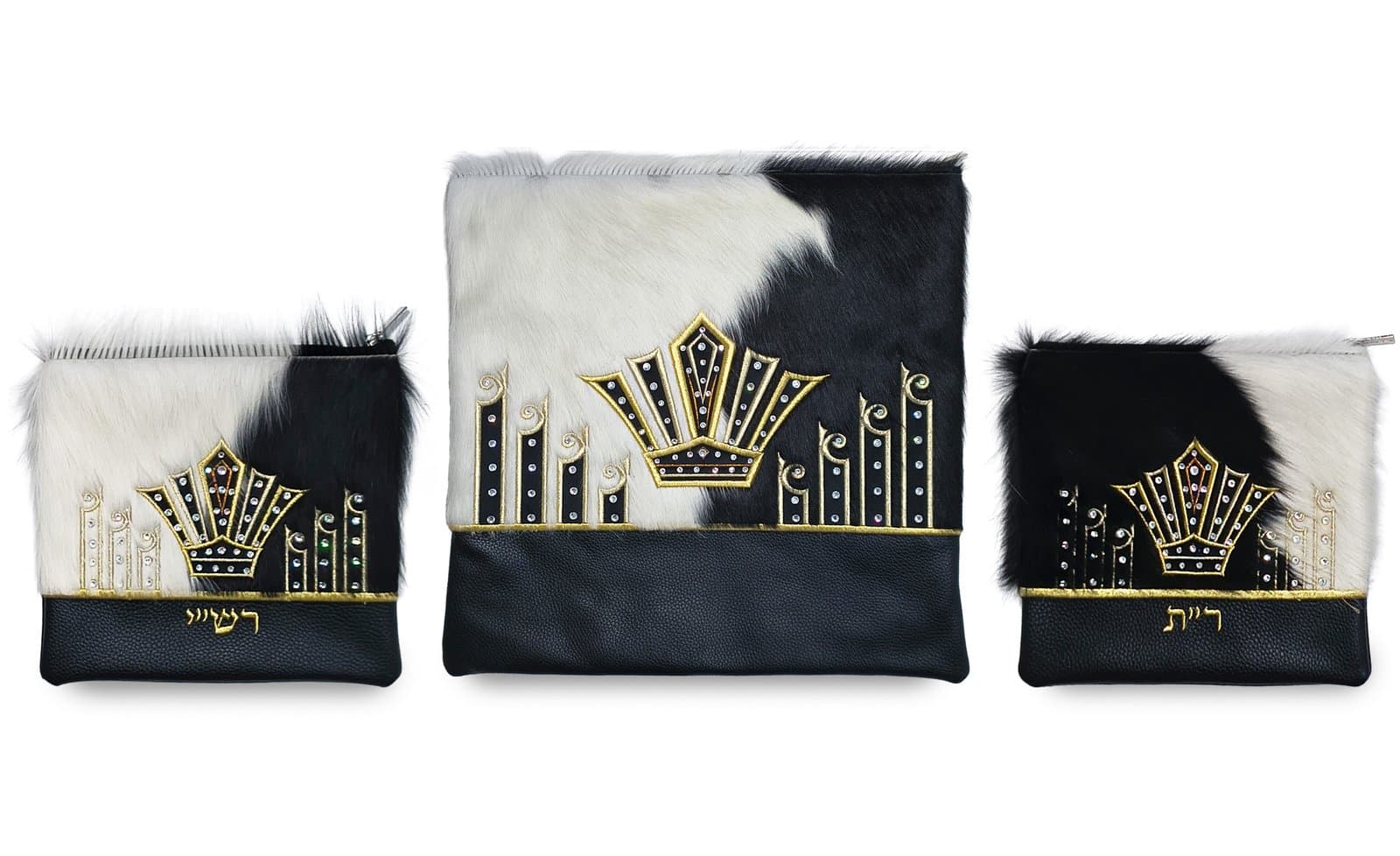Crown Black White Hair-on-Hide Leather Tallit & Tefillin Bag Set F123, photo 1